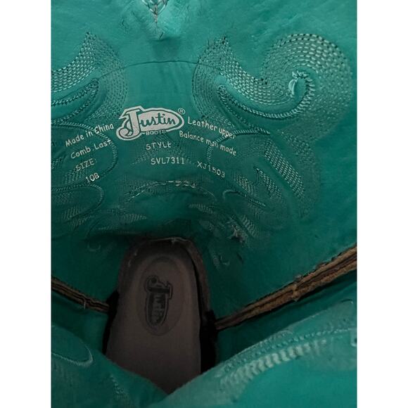 Justin Sevana Tan Western Cowboy Turquoise Brown Leather Boots - Picture 8 of 9